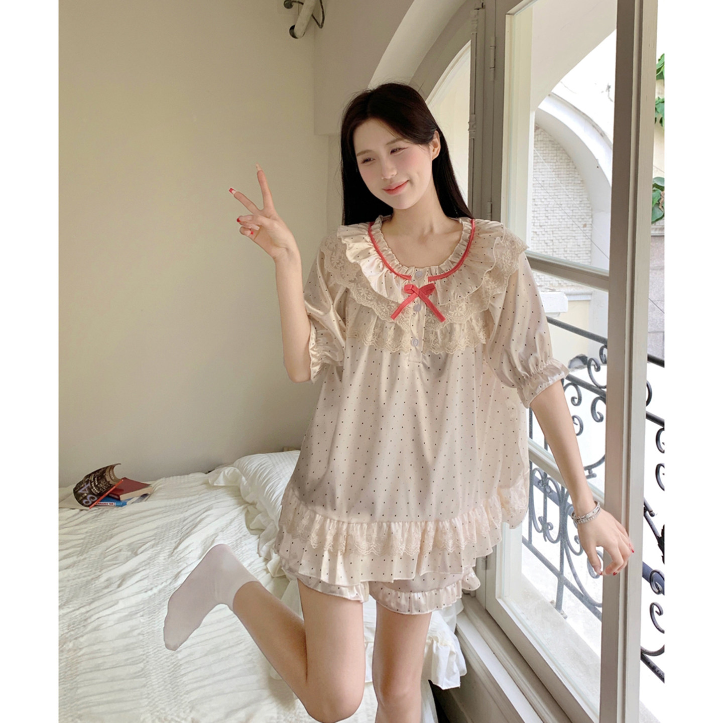 夏季公主风蕾丝花边冰丝波点睡衣