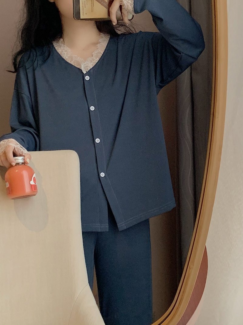 春秋季蕾丝边睡衣女蓝色V领螺纹