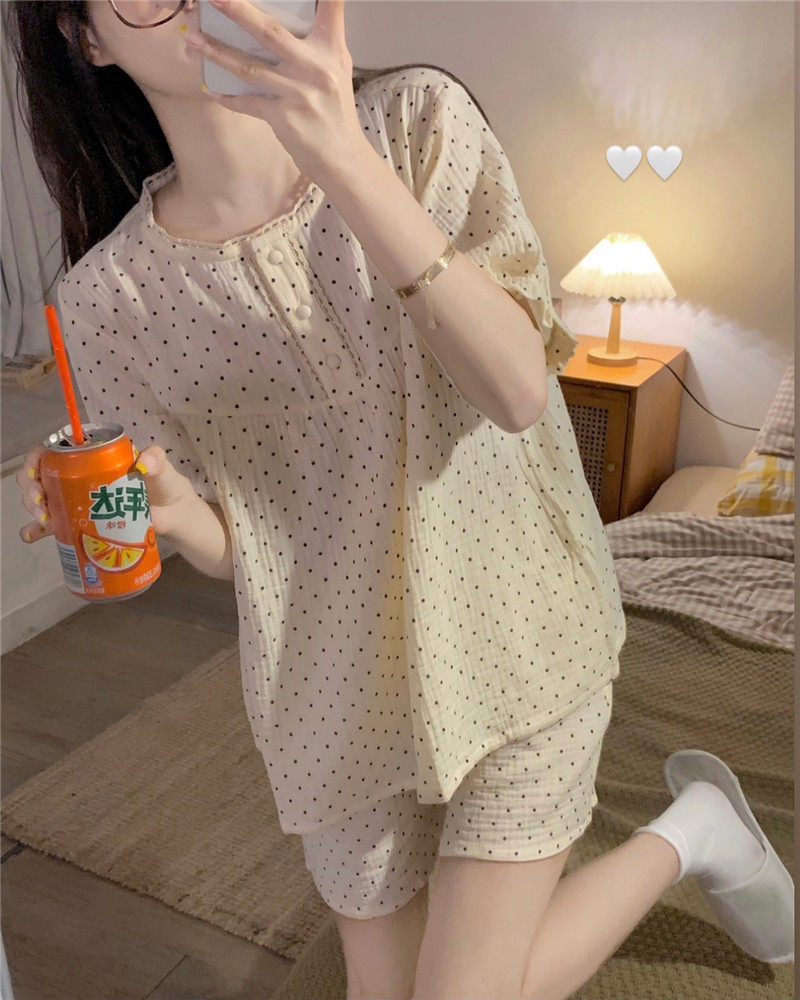 纯棉麻睡衣ins夏款波点圆领短袖