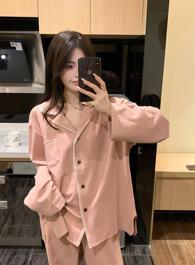 秋冬季简约德绒橡皮粉色睡衣女款慵懒ins翻领加厚薄绒家居服套装