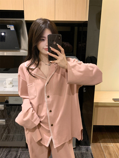 秋冬季简约德绒橡皮粉色睡衣女款慵懒ins翻领加厚薄绒家居服套装