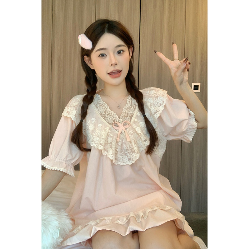 韩版甜美全棉公主风重工蕾丝宽松夏短袖短裤家居服连衣裙