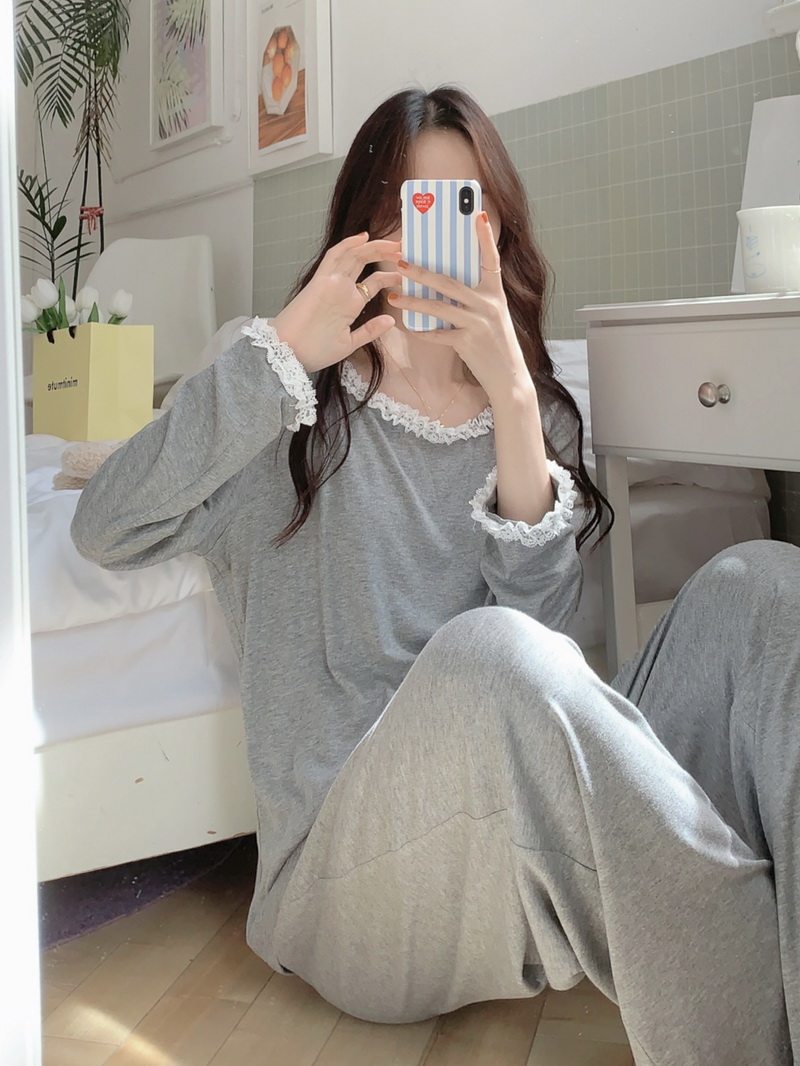 睡衣女春秋季莫代尔灰色蕾丝长袖