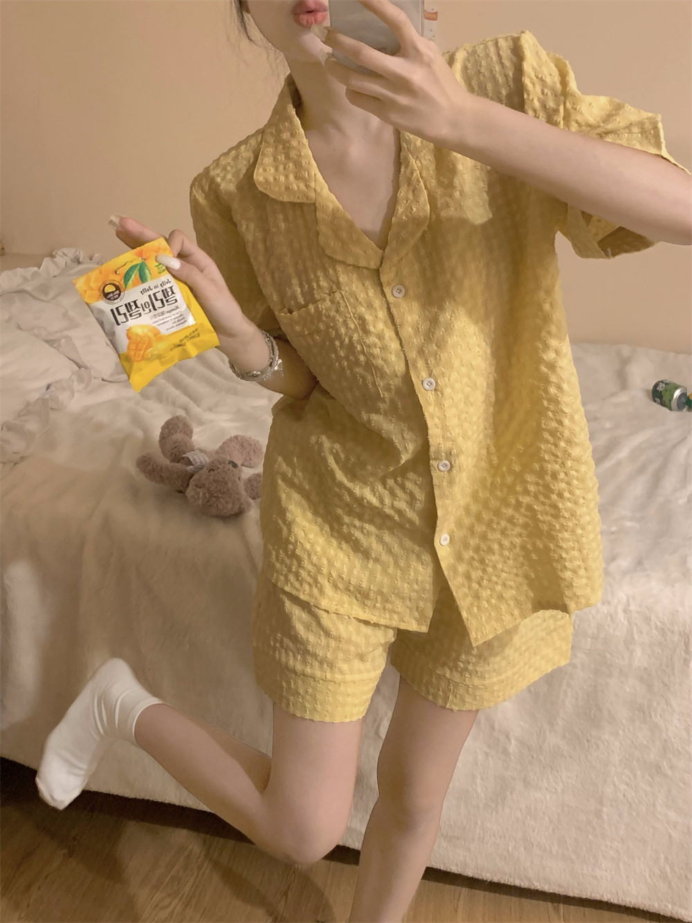 格子睡衣女短袖夏季ins黄色提花
