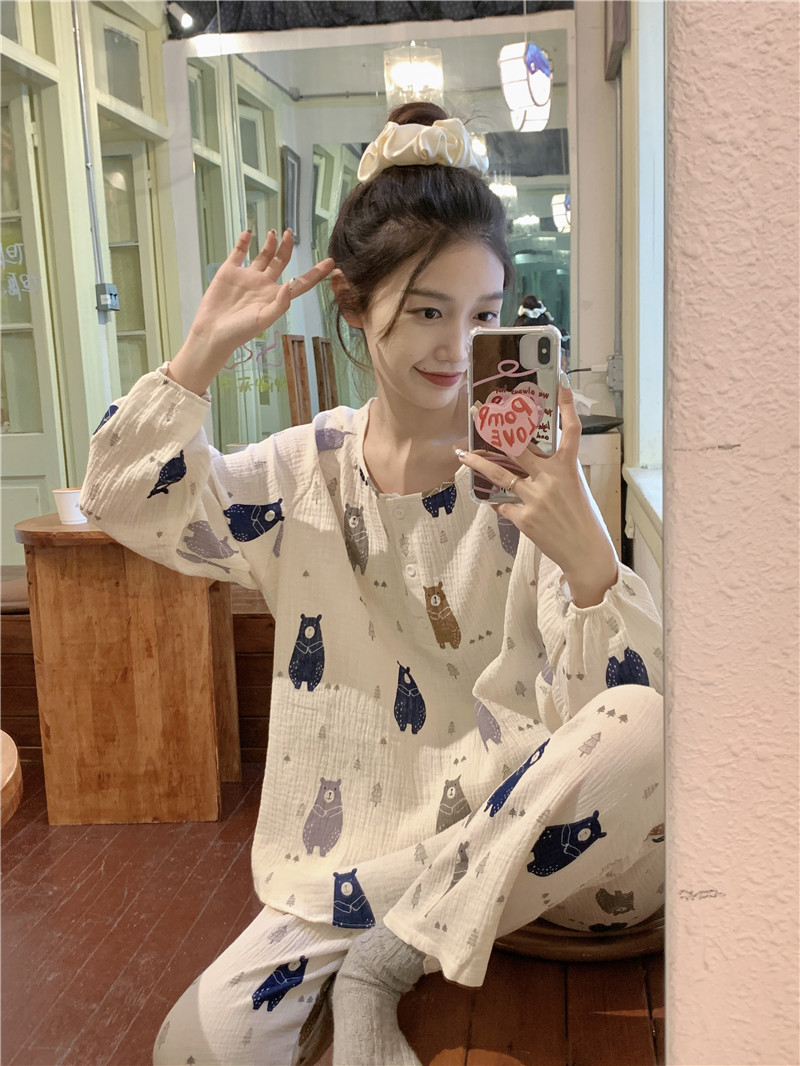韩版ins卡通小熊棉纱布睡衣女款