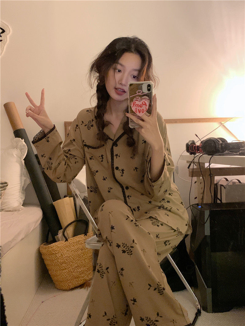 睡衣女复古蕾丝边碎花春秋季长袖