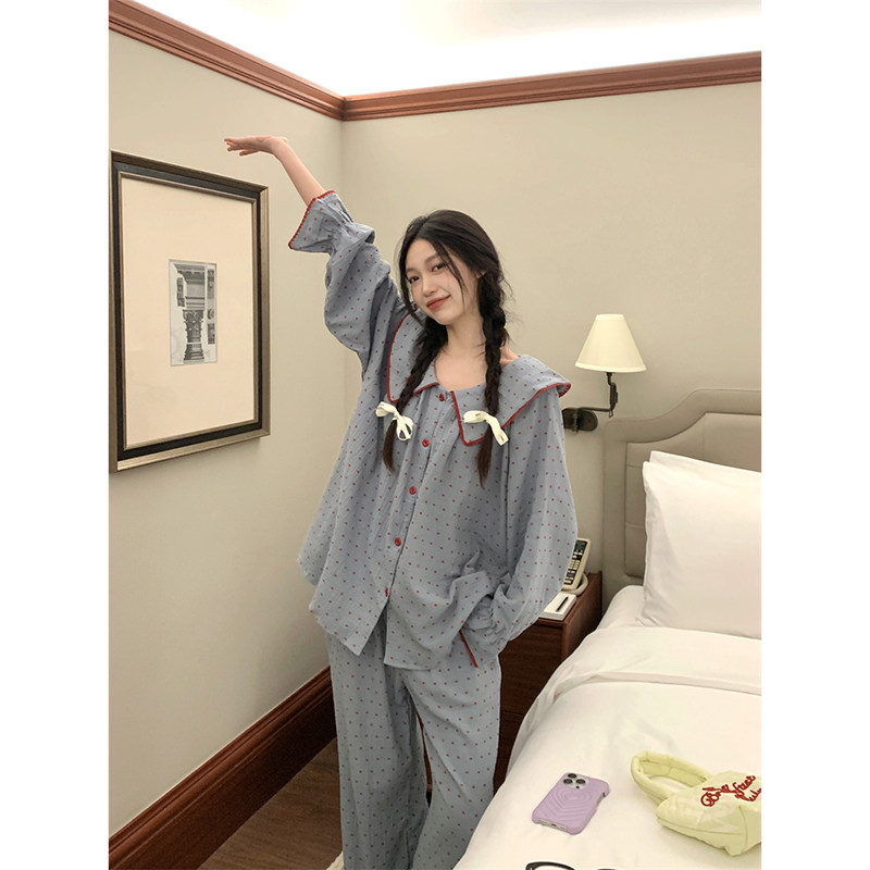秋季新款娃娃领可爱牛仔蓝甜美家居服长袖长裤睡衣套装