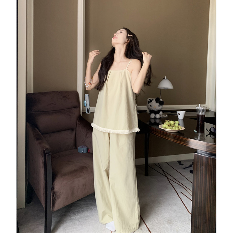 夏季睡衣女棉麻吊带花边流苏纯色
