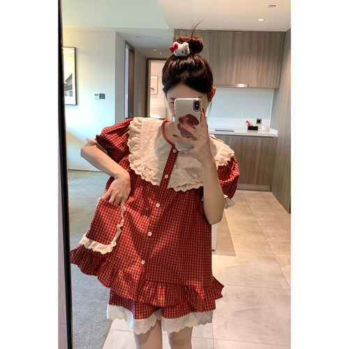 韩版甜美刺绣撞色重工蕾丝全棉短袖短裤短袖长裤家居服套