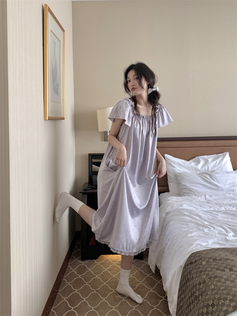 韩系爱心荷叶边冰丝睡衣女夏季香芋紫色飞飞袖睡裙蕾丝丝绸家居服