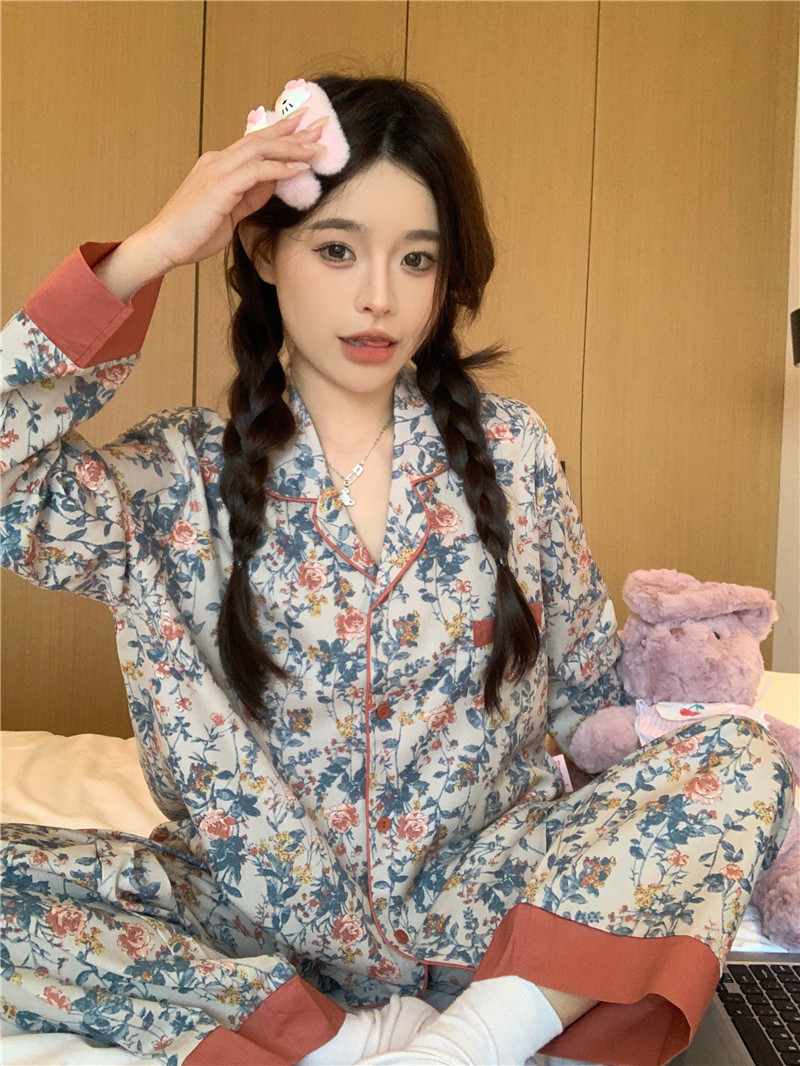 纯棉睡衣女款撞色国风碎花春秋季