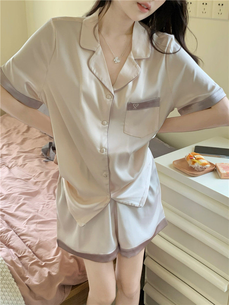 睡衣女夏季小香风短袖冰丝稠纯色刺绣爱心香槟粉撞色家居服套装