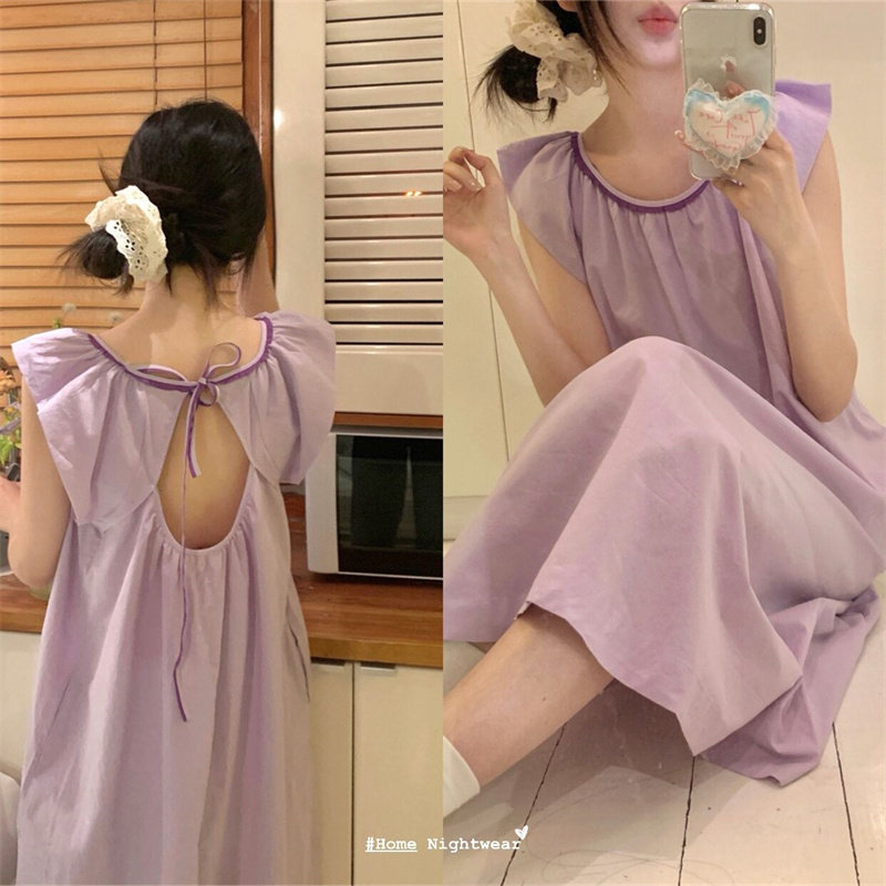 夏季纯色露背无袖纯棉麻紫色睡裙