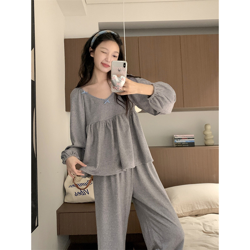 睡衣女灰色花边加厚睡衣女毛巾绒