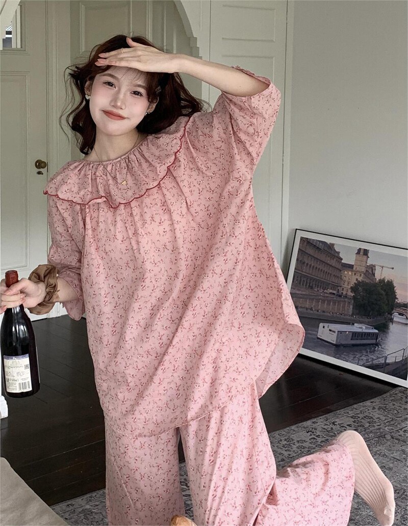 春秋季睡衣女小碎花纯棉麻七分袖