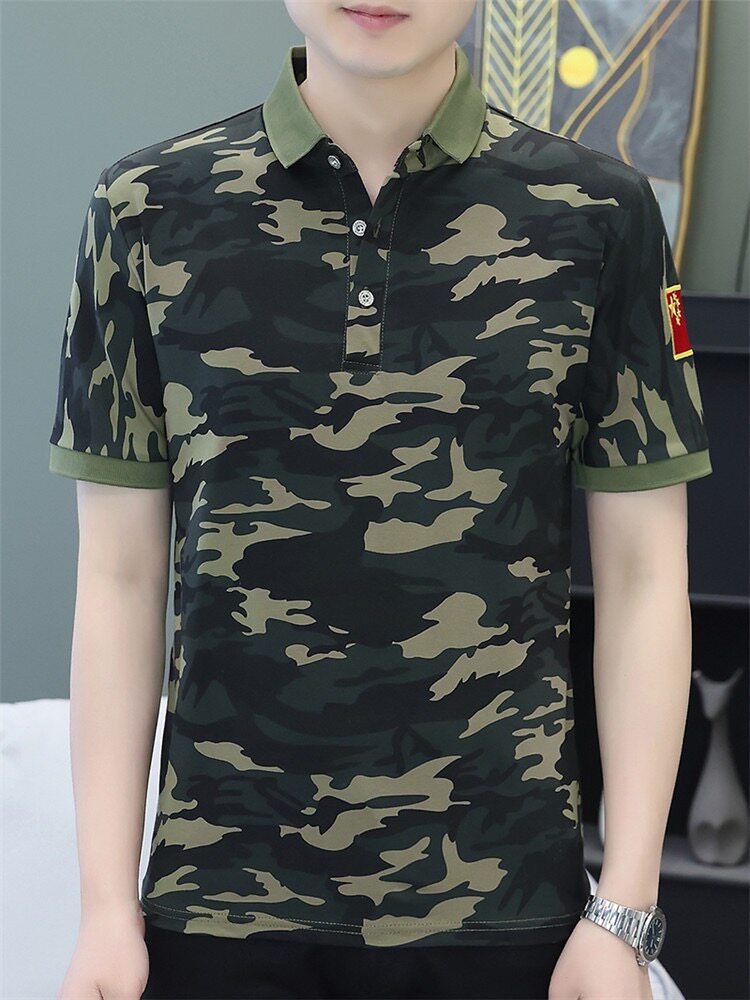 夏季翻领T恤男士刺绣爱国运动服军旅风军迷彩短袖POLO衫透气纯棉