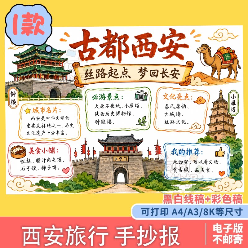 01西安旅行记手抄报模板古城名样图/效果图销售