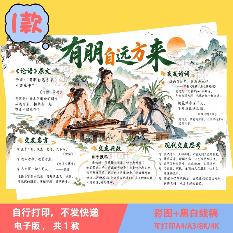 02- 有朋自远方来手抄报模板初中生论语教育主题画可打印涂色线稿