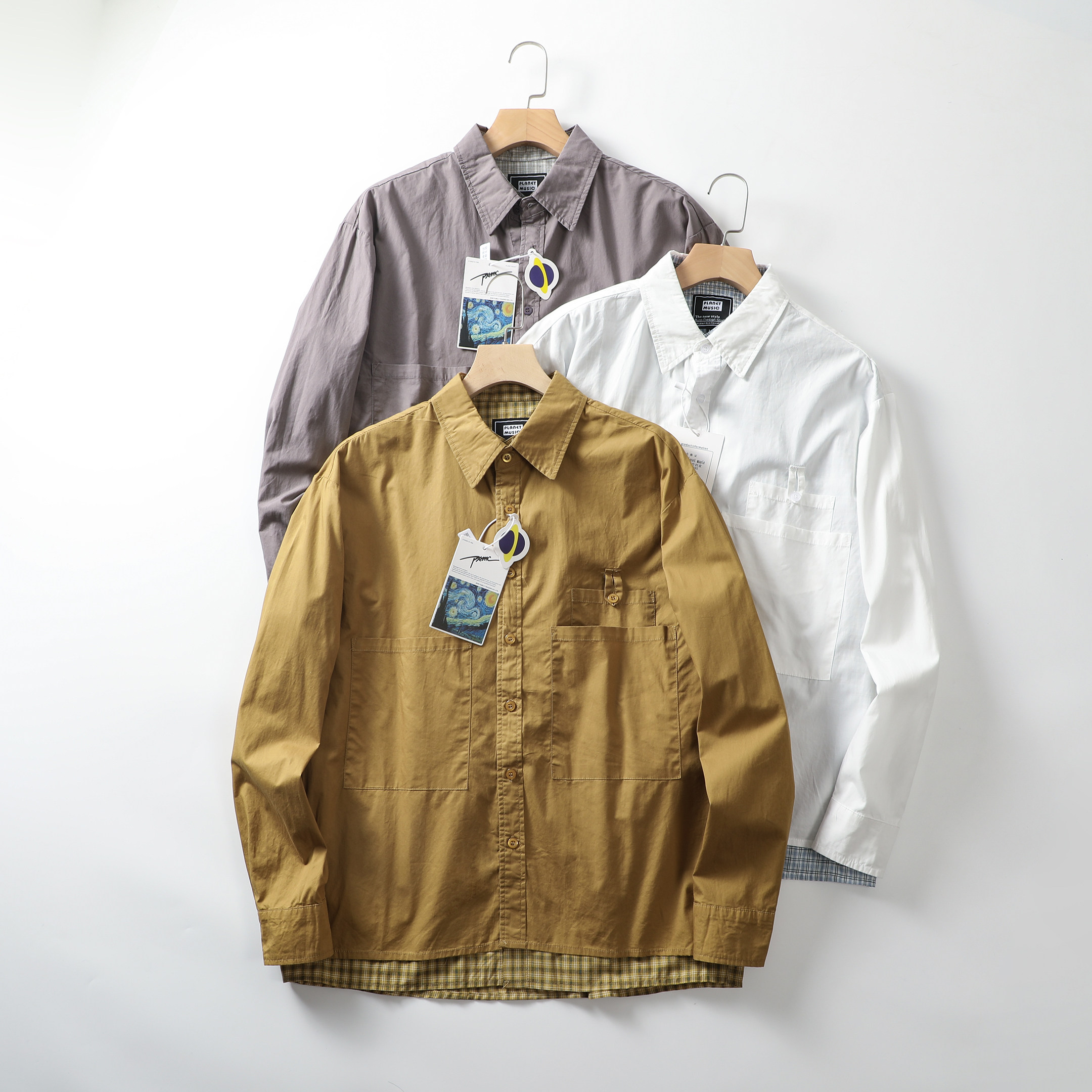 美式复古！宽松有型！秋季新款男拼色格纹假两件宽松休闲长袖衬衫