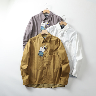 秋季 宽松有型 新款 男拼色格纹假两件宽松休闲长袖 美式 衬衫 复古