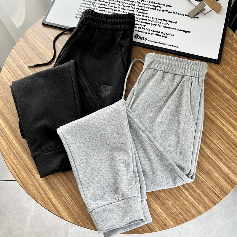 春秋磨毛针织棉虎头刺绣束脚卫裤