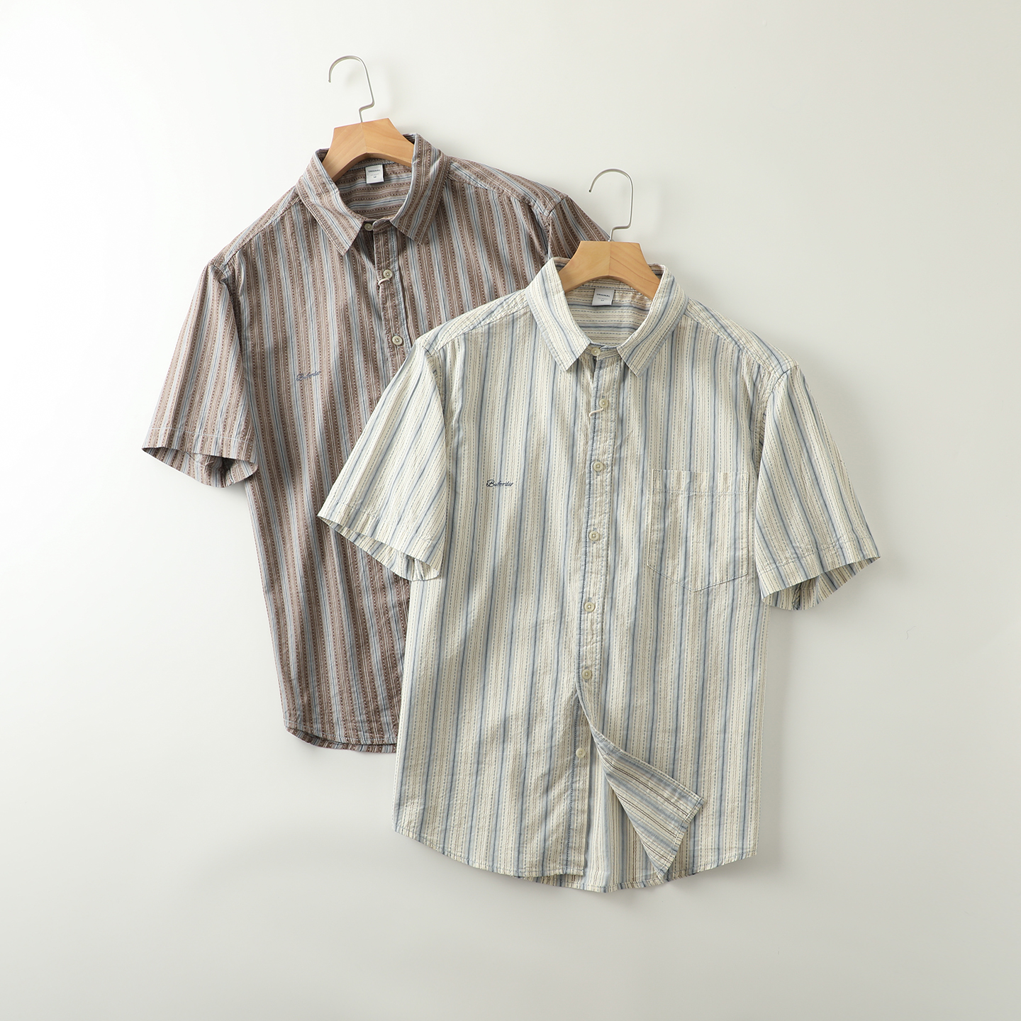 撞色肌理竖条纹水洗全棉短袖衬衫