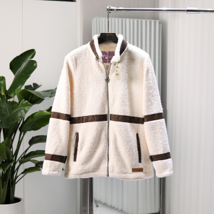 秋冬女拼皮机车风宽松立领夹克外套 保暖舒适 欧美单 仿羊羔绒