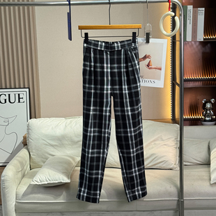 休闲裤 舒适又好穿 半松紧腰高腰格纹显瘦百搭合身直筒裤 春款 女式