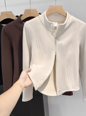 LU系风格！秋冬立裁双面绒保暖舒适立领双拉链小蛮腰短外套夹克女