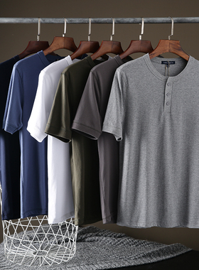 复古经典味 外贸公司撤柜小立领纯棉夏季短袖T恤亨利领半袖男短T