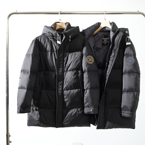 90白鸭绒连帽保暖中长款羽绒服男