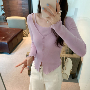 修身 长袖 显瘦木耳边拼接吊带假两件针织衫 新款 上衣女 2025秋季 韩版