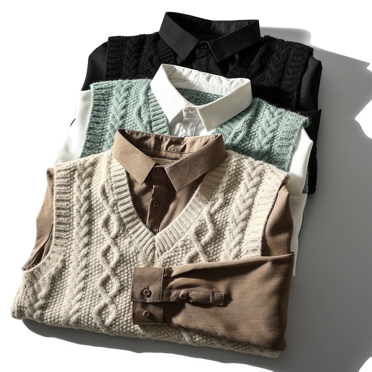 复古提花仿棉羊绒假两件针织毛衣