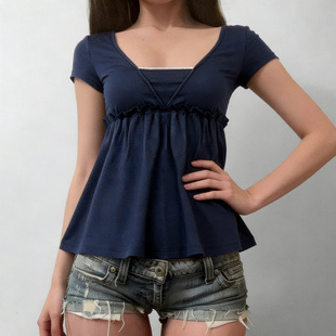 top neck V领基础娃娃摆T恤少女感减龄休闲短袖 上衣V