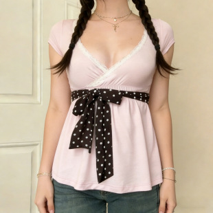 neck shirt T恤V 小性感波点收腰系带甜美上衣深V领花边A字短袖