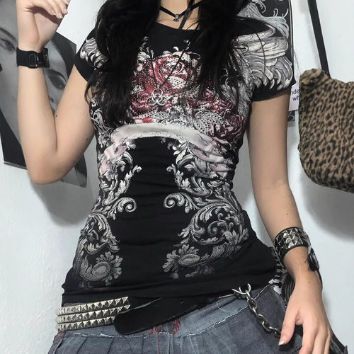 Y2K哥特风印花圆领T恤女辣妹女装短袖上衣short-sleeved top