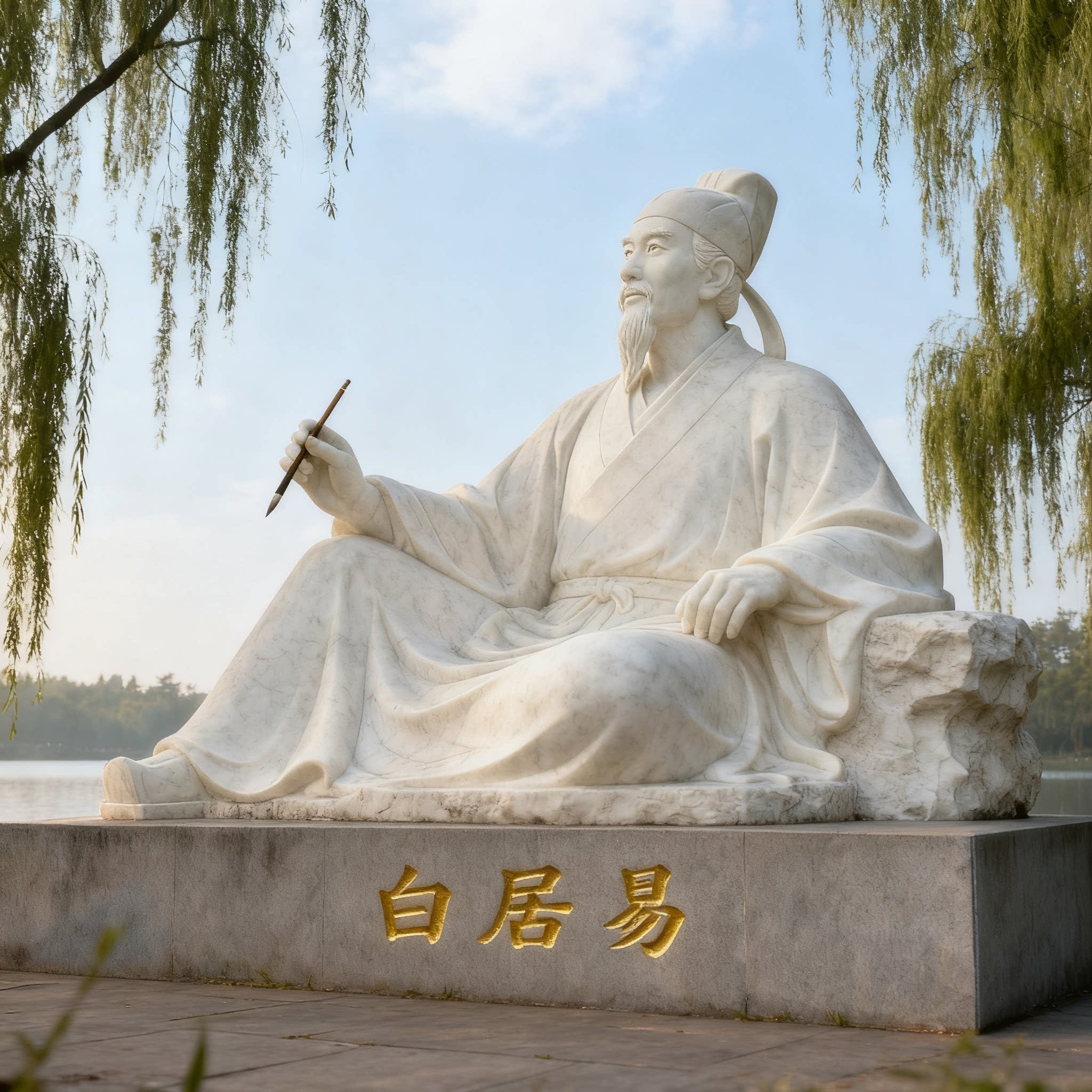 汉白玉石雕全身像制作厂家诗人白居易花岗岩校园公园人物雕像定制