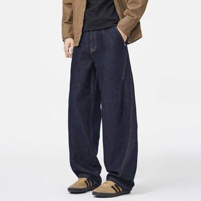 SILENTS明线原色加绒直筒牛仔裤男士宽松休闲美式弯刀裤男阔腿裤