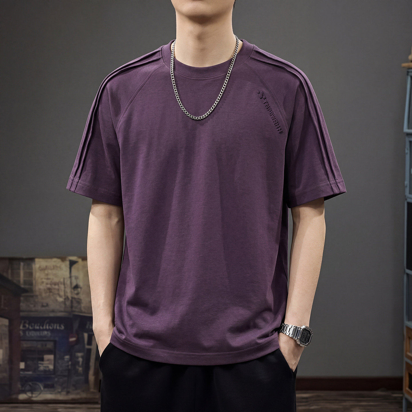 果冻棉解构条纹短袖t恤男夏季重磅莫代尔凉感紫色上衣男款半袖衫