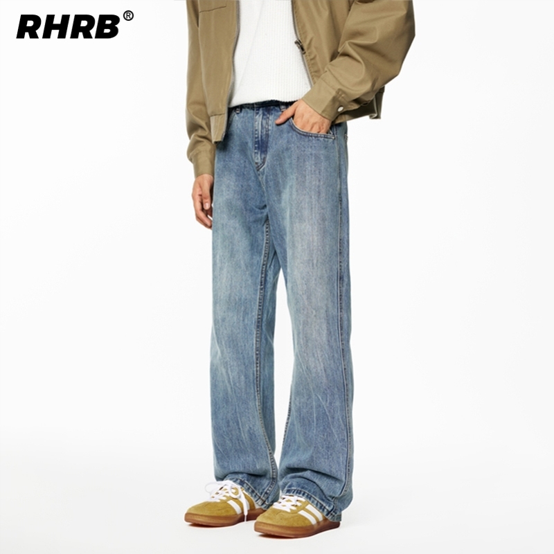 RHRB男士浅蓝色微喇叭牛仔裤男款春秋直筒修身美式高街裤子夏季