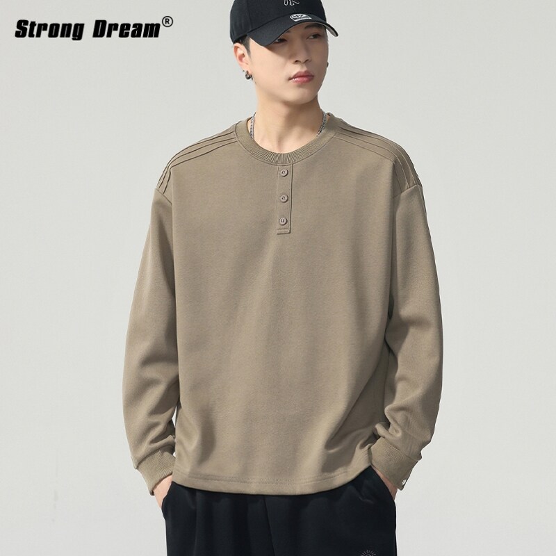 男士长袖t恤2025新款秋冬加绒肩宽廓形休闲内搭圆领上衣卫衣男款