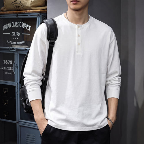 美式风亨利领长袖T恤男2026秋季新款宽松休闲百搭重磅打底衫上衣