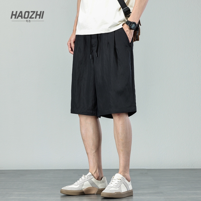HAOZHI夏季莱赛尔天丝休闲短裤男士纯色五分裤子宽松百搭直筒中裤