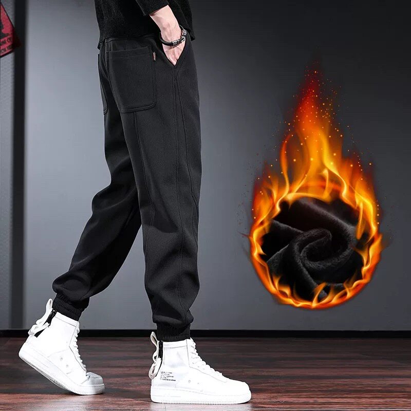 简约男士休闲裤欧美风松紧腰抽绳束脚运动裤冬季加绒加厚裤子男潮