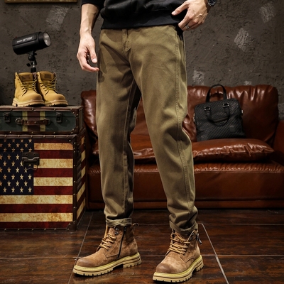 美式复古重磅秋冬休闲裤子男2025纯棉卡其色加绒加厚潮牌工装长裤