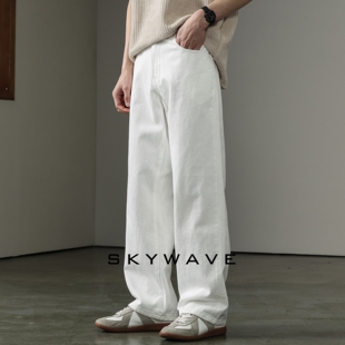 2025秋季新款白色直筒牛仔裤男士宽松大码高级设计感百搭休闲长裤