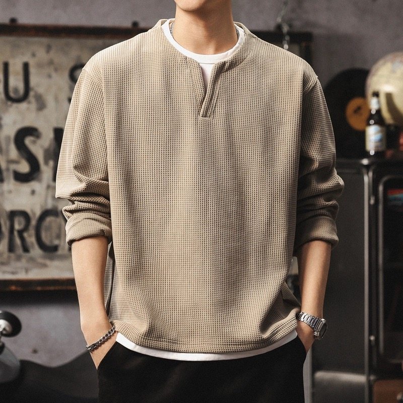 假两件长袖t恤男高级感潮牌v领上衣美式复古华夫格亨利衫打底卫衣