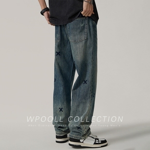 美式高街刺绣牛仔裤男秋冬加绒宽松大码男裤潮牌痞帅炸街直筒裤子