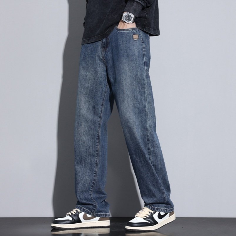 Kuvine秋冬款宽松阔腿加绒牛仔裤男款美式高街复古直筒休闲长裤子