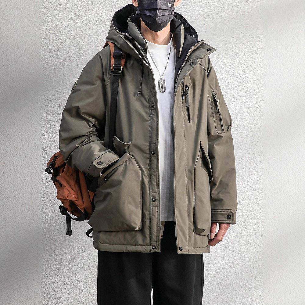 全定制雾绿色工装羽绒服男士中长款冬季加绒加厚保暖冲锋衣男外套